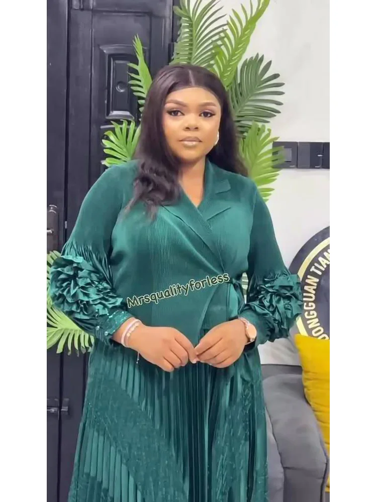 EGRM – robe plissée Chic pour femmes, imprimé feuille d'or, haut de gamme, col cranté, cravate, Design floral, faux deux pièces, 7R5809