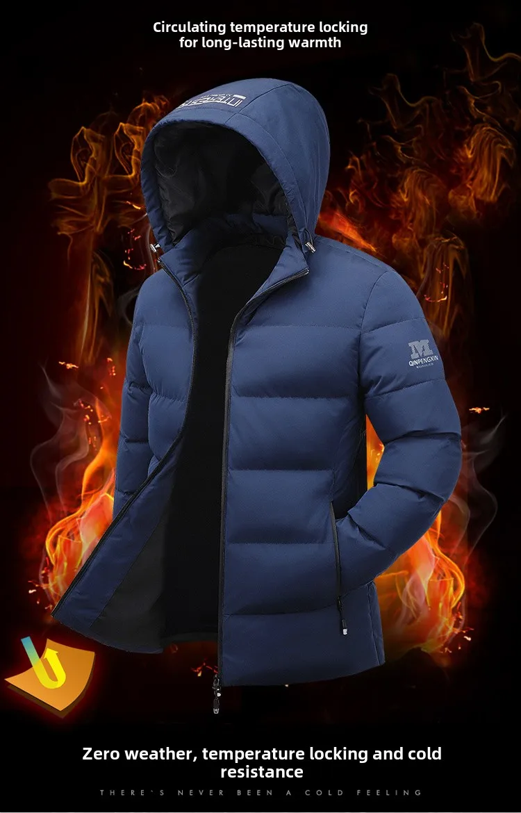 Mittellange Baumwolljacke für Herren, 2024, neue Kapuzen-gestickte Jacke, Herbst-Winter, Outdoor-Arbeit, winddichter und warmer Parka-Mantel