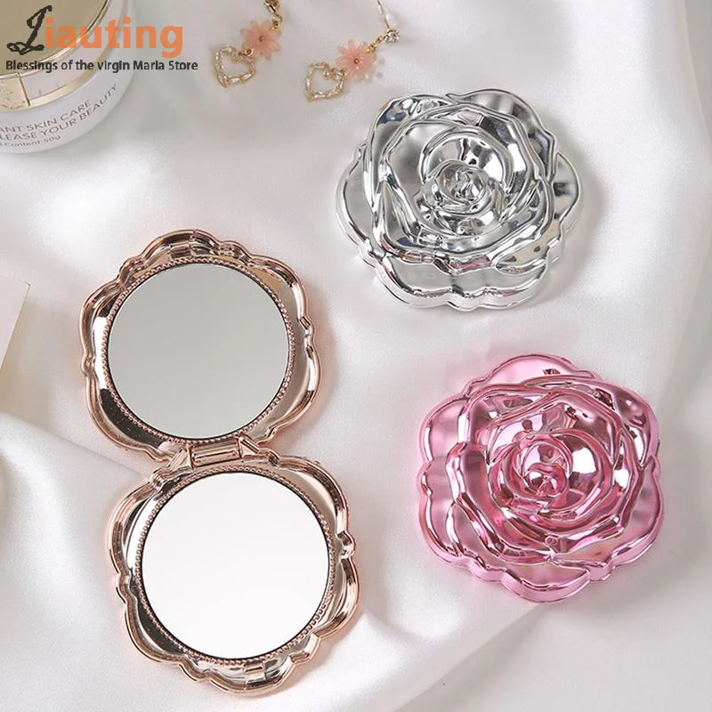 Portable Mini Mirror Retro Rose Flower Small Pocket Makeup Mirror Double Sided Hand Mirrors Compact Cosmetic Beauty Tool Gift