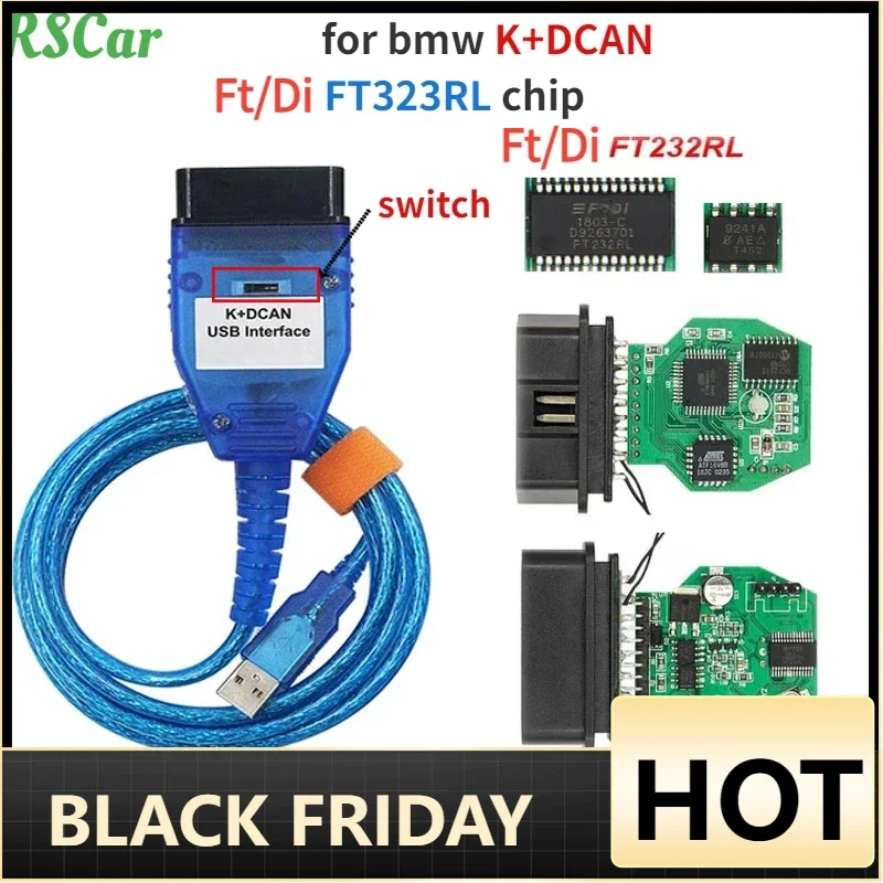 NEW K+DCAN Ft/Di 9241A USB Cables with Switch for Inpa FT232RL Full Chips OBD2 Diagnostic Cable for BMW Car K+DCAN K+CAN K-Line