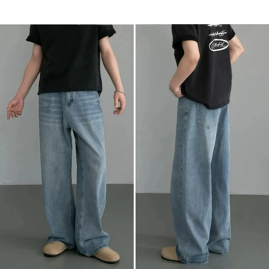 2026 New Retro Washed Baggy Wide Leg Jeans Men Loose Faded Blue Denim Trousers Hip Hop Street Style Casual Long Pants