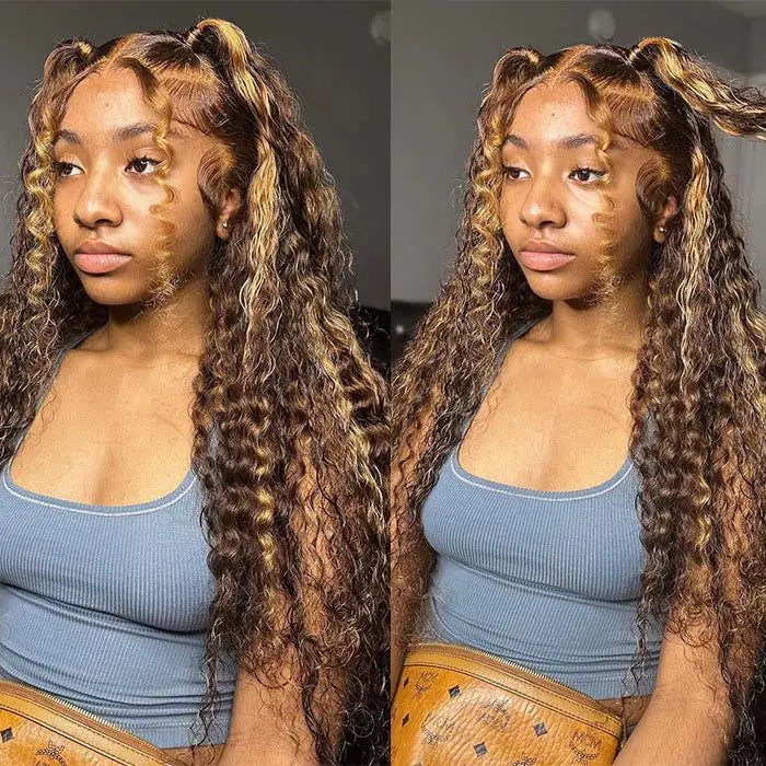 P427 Honey Blonde 360 Full Lace Wig Highlight Curly Human Hair Pre-Plucked Deep Wave Water Wave 360 Invisible Strap Lace Frontal Wig 34 Inch