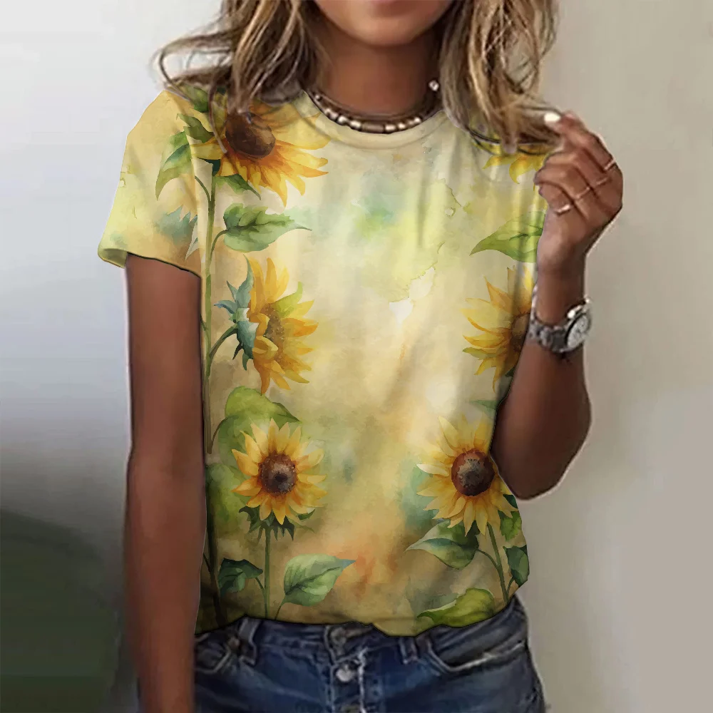 New Sunflower T-Shirts Vintage Floral 3D Print Women's O-Neck Short Sleeves T Shirt Casual Y2k Harajuku Tees Top Female Clothing