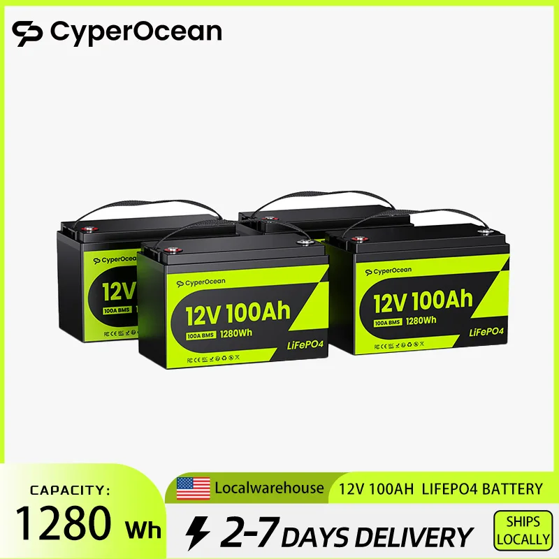 CyperOcean 12V 100Ah LiFePO4 Battery 4 Pack, Group 31 Lead Acid Replacement Maintenance Free Deep Cycle Rechargeable Lithium Battery, Built-in 100A BMS, 6000+ Cycles for RV Solar Home Energy Storage Marine Off-Grid Systems