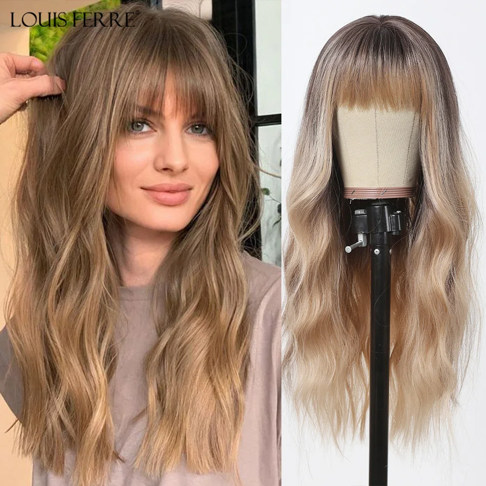 LOUIS FERRE Ombre Brown Blonde Synthetic Wigs for Women Long Natural Wavy Hair Wigs With Bangs Daily Party Heat Resistant Fibre