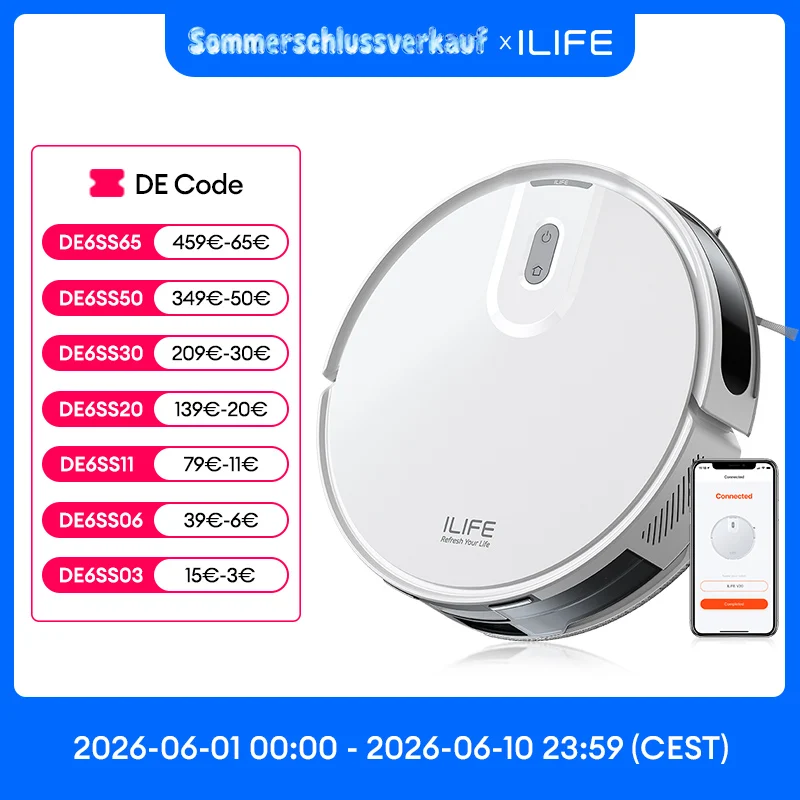 Robot aspirador ILIFE V20, succión 5000Pa, navegación inteligente SOF LiDAR, Control por aplicación, limpieza personalizable, carga automática