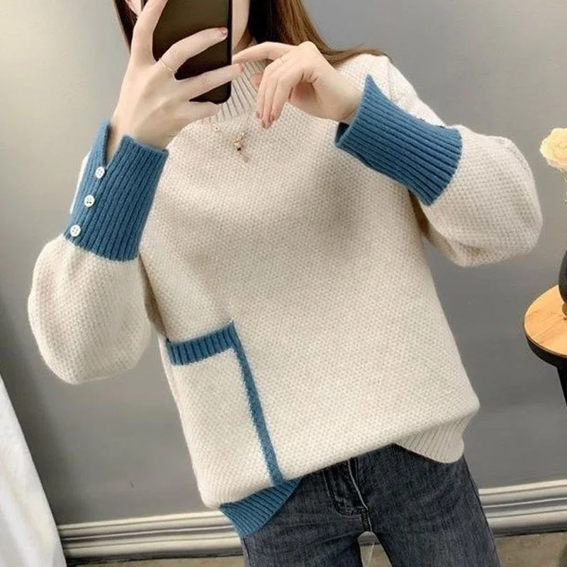 New Autumn and Winter Fashion Thickened Half High Neck Colored Loose and Versatile Western Women\'s Knitted Long Sleeve Sweater