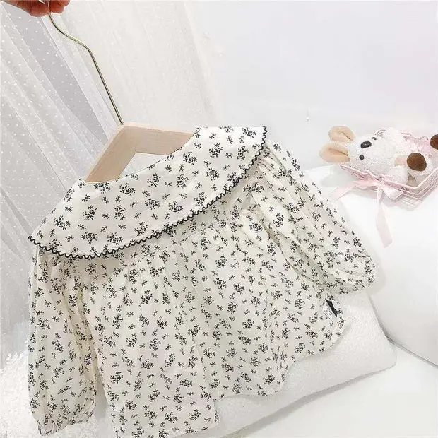 Baby Girls Shirts Floral Long Sleeve Peter Pan Collar Cute 2024 Autumn New Korean Style Kids Blouses Clothes