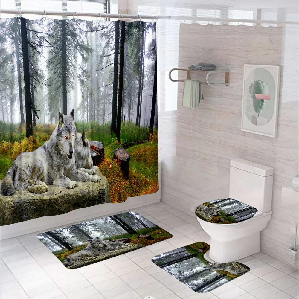 

Wild Animal Wolf Shower Curtain Bath Mat Sets Forest Natural Scenery Bathroom Screen Toilet Cover Anti-slip Carpet Flannel Rugs