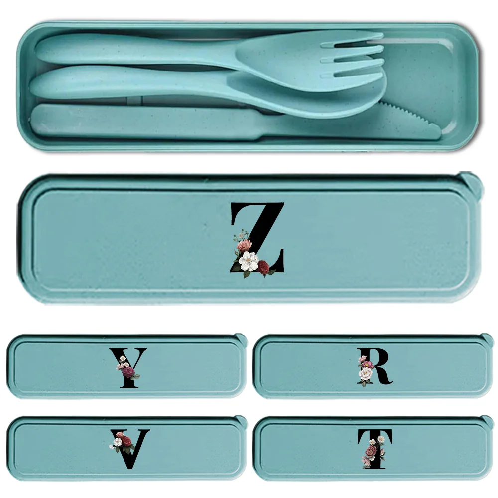 

Прочный набор посуды из пшеничной соломы, 3 шт., портативный многоразовый набор посуды, пылезащитная посуда для пикника, черный цветочный узор с буквами