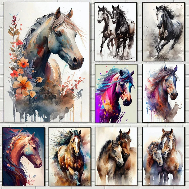 Toile de peinture aquarelle cheval imprimée, affiches murales d'animaux modernes en noir et blanc, images pour décor de salon Cuadros