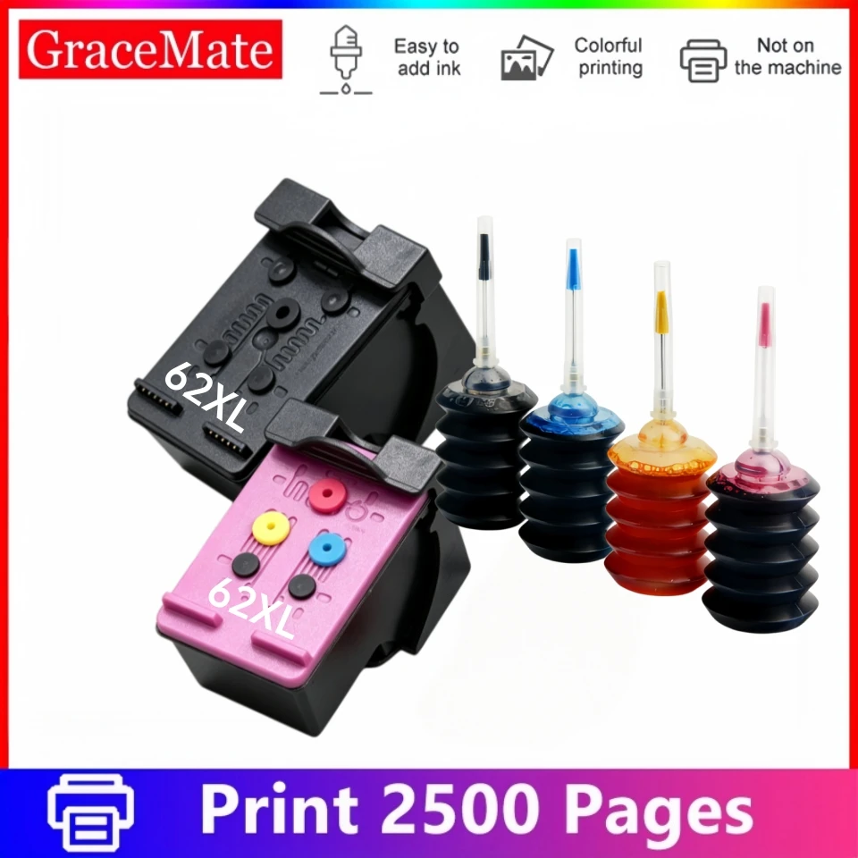 GraceMate 62XL High Yield Refillable Ink Cartridge Compatible For HP Envy 5540 5640 5660 7640 OfficeJet 5740 200 250 Printer