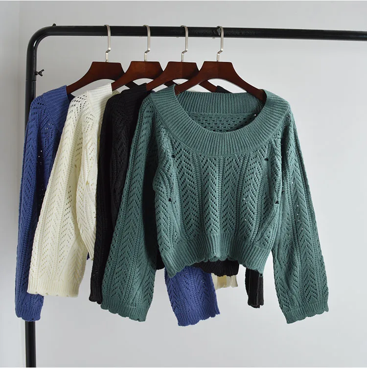 

Spring Autumn round Ne Hollow out Sweater Women Loose Slim ort Sve Long Sve Knitted Top Color Commute Sle