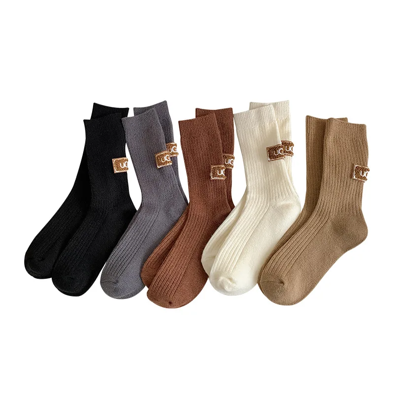 2 Pairs Winter Wool Socks Women Cashmere Warm Thickened Line Mid-Tube Socks Trendy Heel Furry Label Solid Color Snow Boot Socks