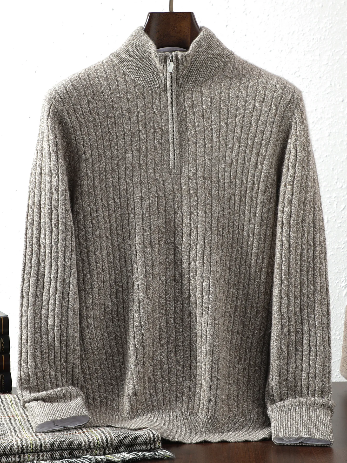 Men's 100% Cashmere Pullover Sweater Autumn Winter Mock Neck Half-Zip Cable Knit Sweater Soild Basic Long Sleeve Tops High-end