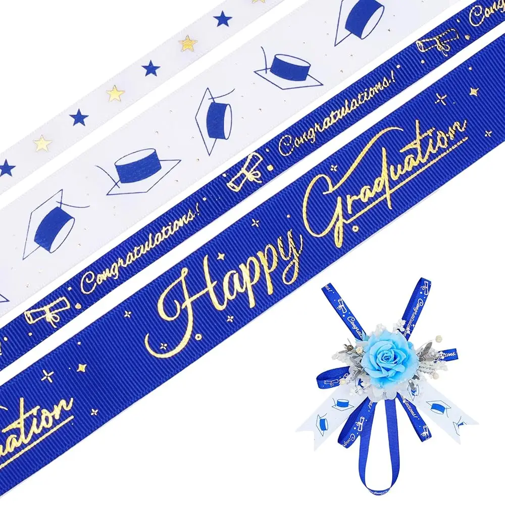 

Graduation Ribbon 4 Rolls 1\ and 3/8\ 20 Yards TTL, Blue and White Gold Congrats Grad Satin Grosgrain Ribbon for Gift Wrappi