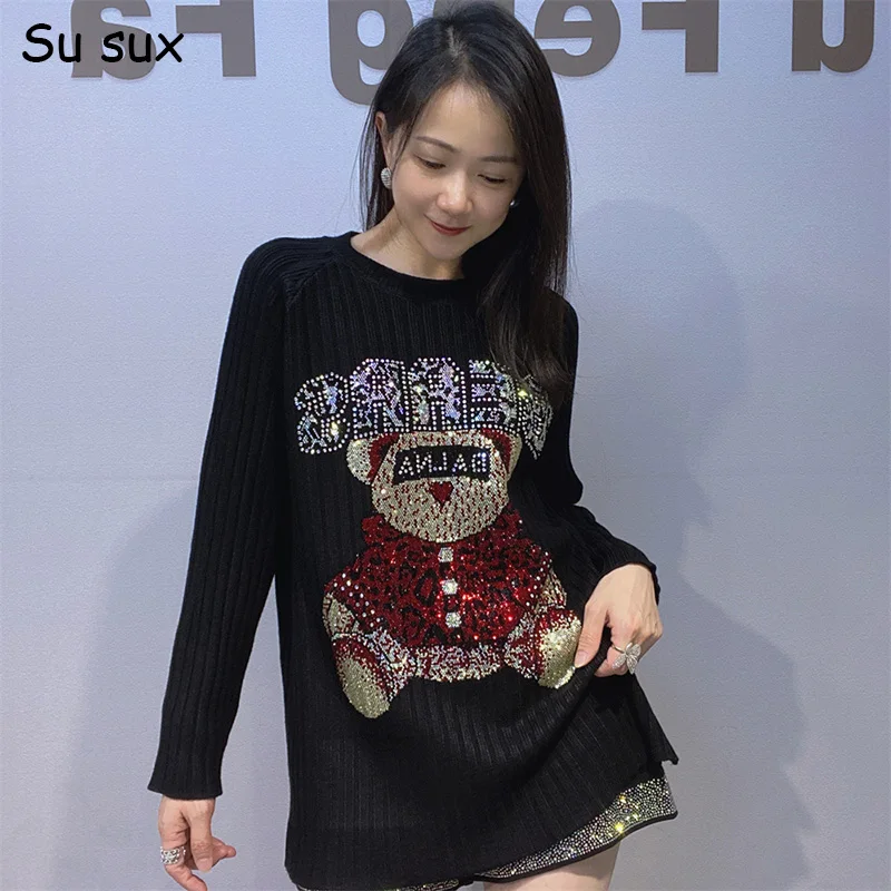 

Cartoon Bear Knitted Pullover Sweater Woman Knitted Inner Top Y2k Clothes Casual O Neck Long Sleeve Knitwear Vestidos Bust116cm