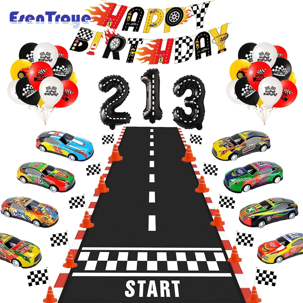 

Black White Racing Car Theme Party Flag Banner Tableware Tablecloth Runner 0-9 Number Balloon Checkered Race Car Birthday Decors