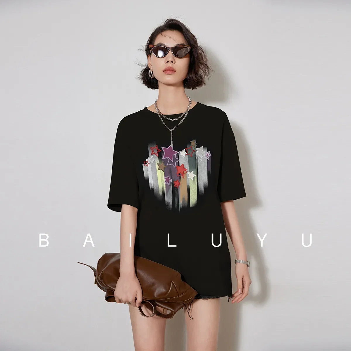 LOUIS YAO Women T-shirt 2024 Summer New Round Neck Short Sleeve Loose Fit Casual Drop Shoulder Sleeve Print Fashionable Chic Top