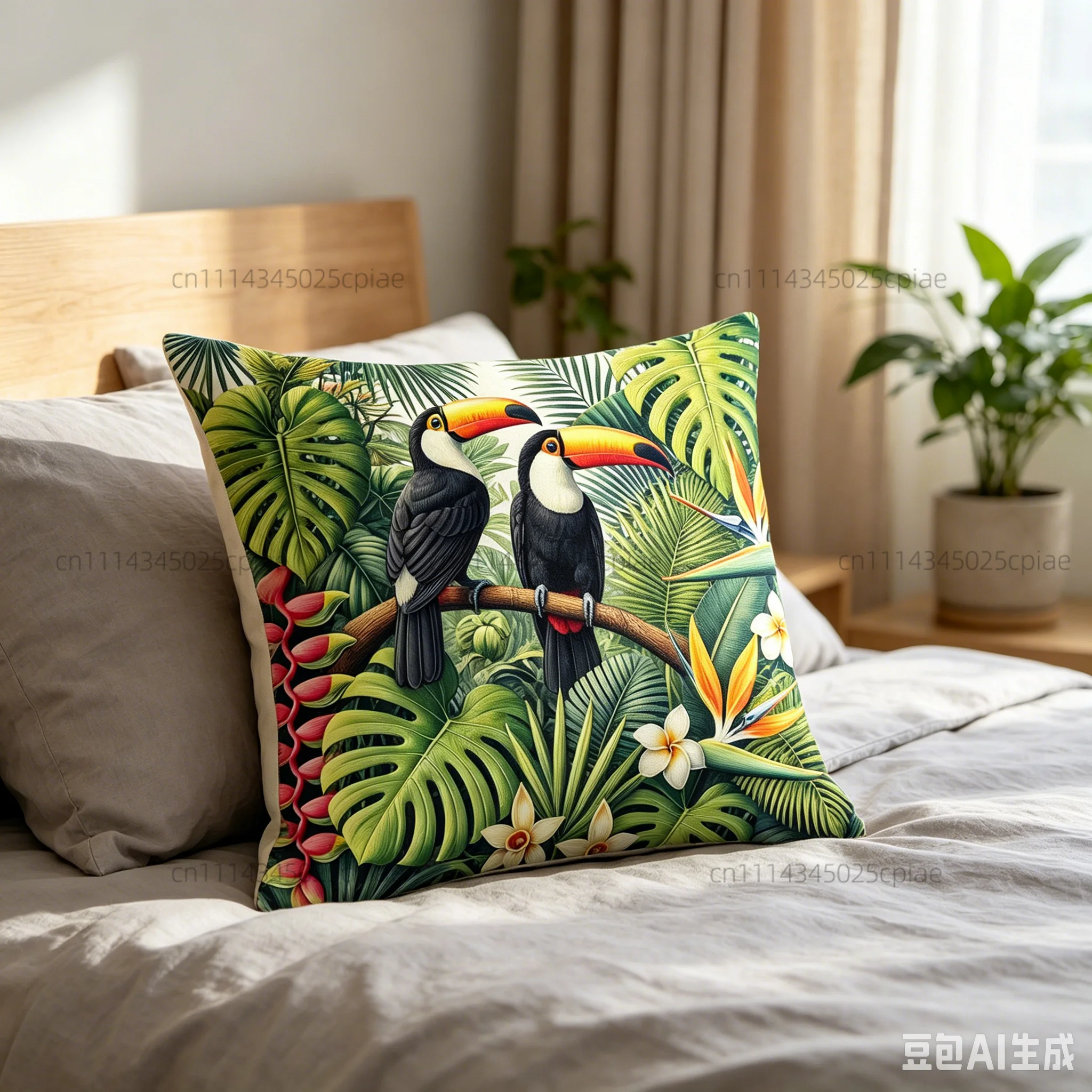Unique flat- Tropical Rainforest Toucan Throw Pillow Cover Jungle Botanical Floral Pillow Case Sofa Cushions Bed Cushion Cover