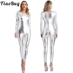 Womens Metallic Shiny Artistic Gymnastics jumpsuit One Piece Long Sleeves Full Body Bodusuit Ballet Dance Leotard Dance Costumes