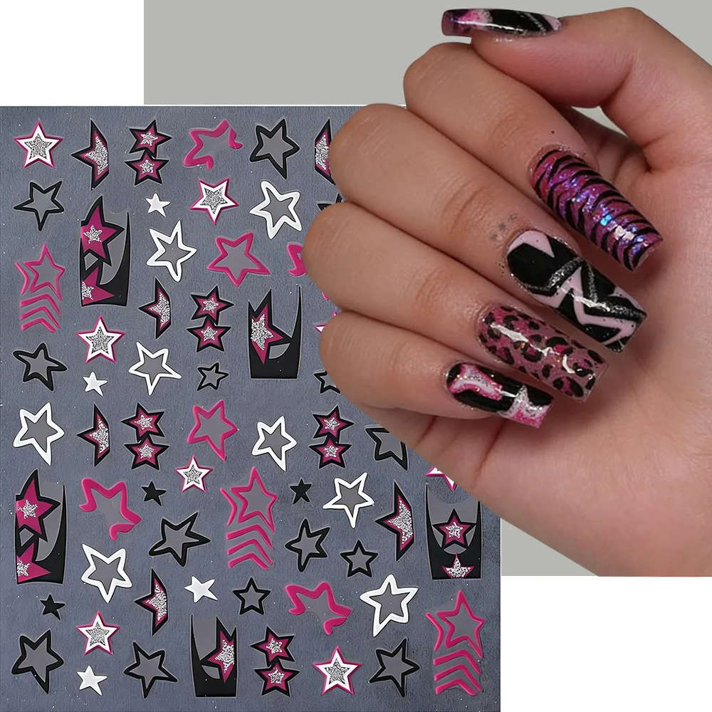 5D Silver Glitter Star French Nail Sticker Black Pink Y2K Punk Hollow Five-pointed Star Self-Adhesive Decal Manicure Decoration