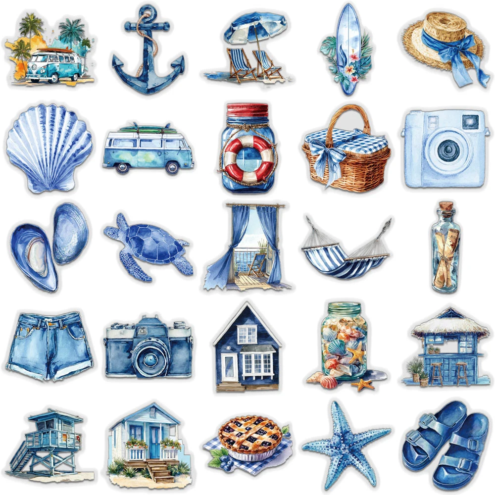 10/30/50 Uds. Pegatinas de dibujos animados azules de playa de verano estilo Ins pegatinas de grafiti estéticas cuaderno teléfono guitarra pegatina transparente para mascotas