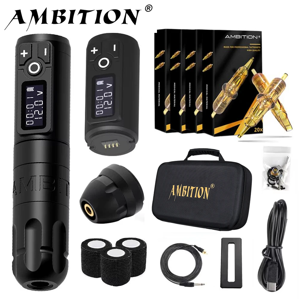 Ambition Soldier Wireless Tattoo Machine Pen Kit Coreless Motor with 2400mAh Battery 80pcs Mixed Cartridge for Tattoo Artist