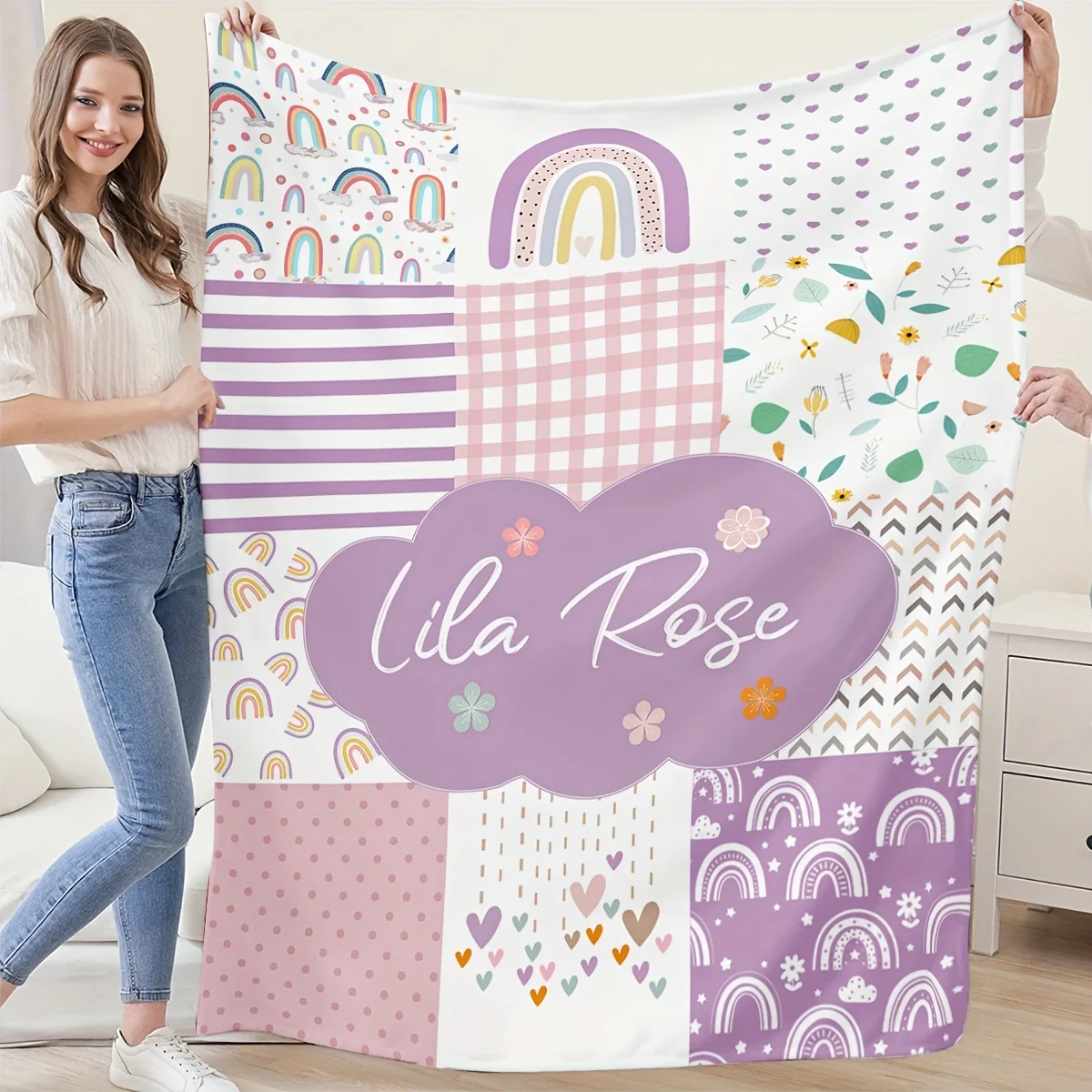 Customized Name Blanket Personalized Bohemian Rainbow Flannel Cover Blanket, Soft and Machine Washable, Suitable for Sofa