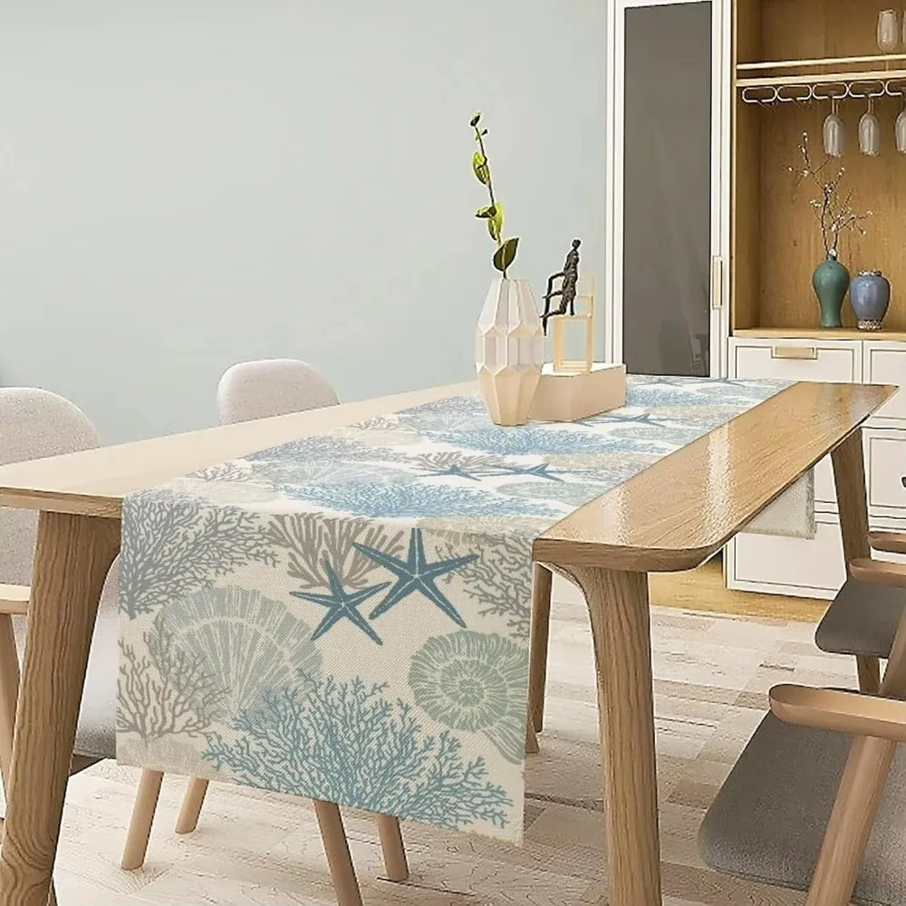 Coastal Beach Starfish Table Runner - Summer Ocean Sea Shells Decorative Table Cover for Kitchen and Dining Room