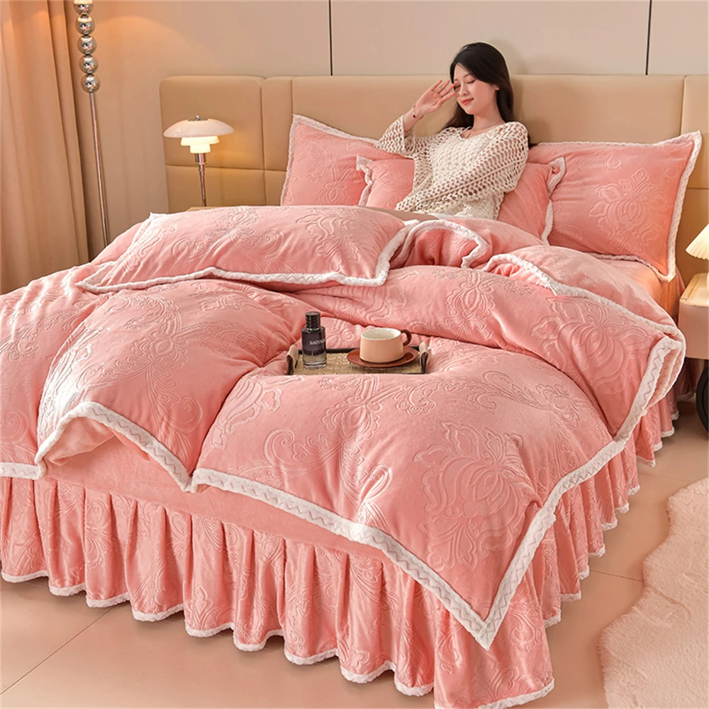 

Winter Warm Thickened Milk Velvet Four-Piece Set Plush Carved Velvet Bedding Set European Style Quilt Cover Pillowcase Bed Skirt