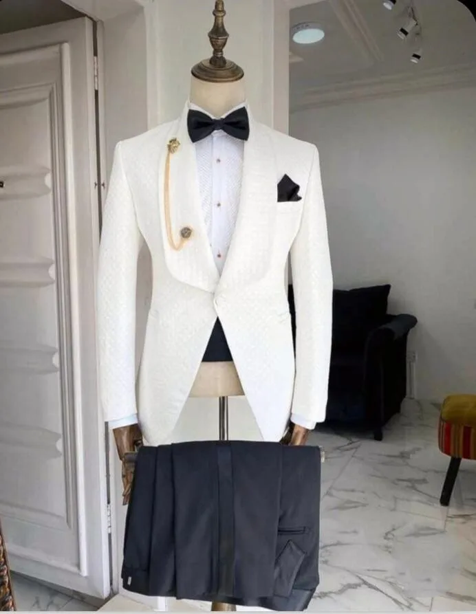 

2023 Custom white jacquard fashion men suits for wedding groom prom suit mans blazer business party tuxedo 2-piece jackets pants