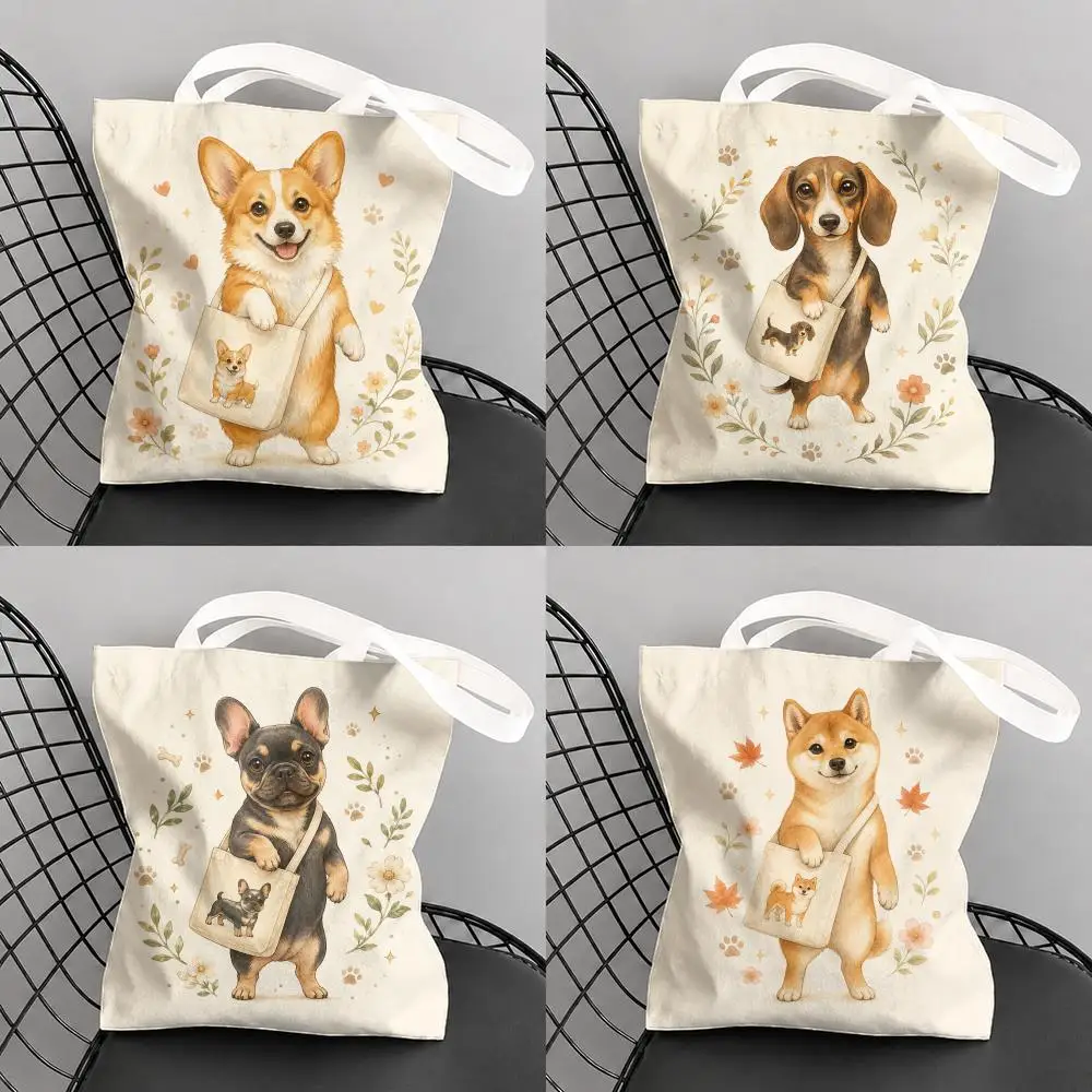 Dog Breeds Tote Bag Storage Bags Canvas Tote Bag Large Capacity Reusable For Shopping Commute Grocery Shoulder Bag Gift