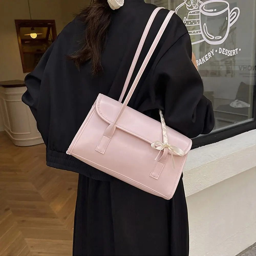 

Casual Solid Color Bow Ribbons Shoulder Bag Leisure Pu Leather Large Capacity Underarm Bag Sweet Y2k Women's Handbag Ladies