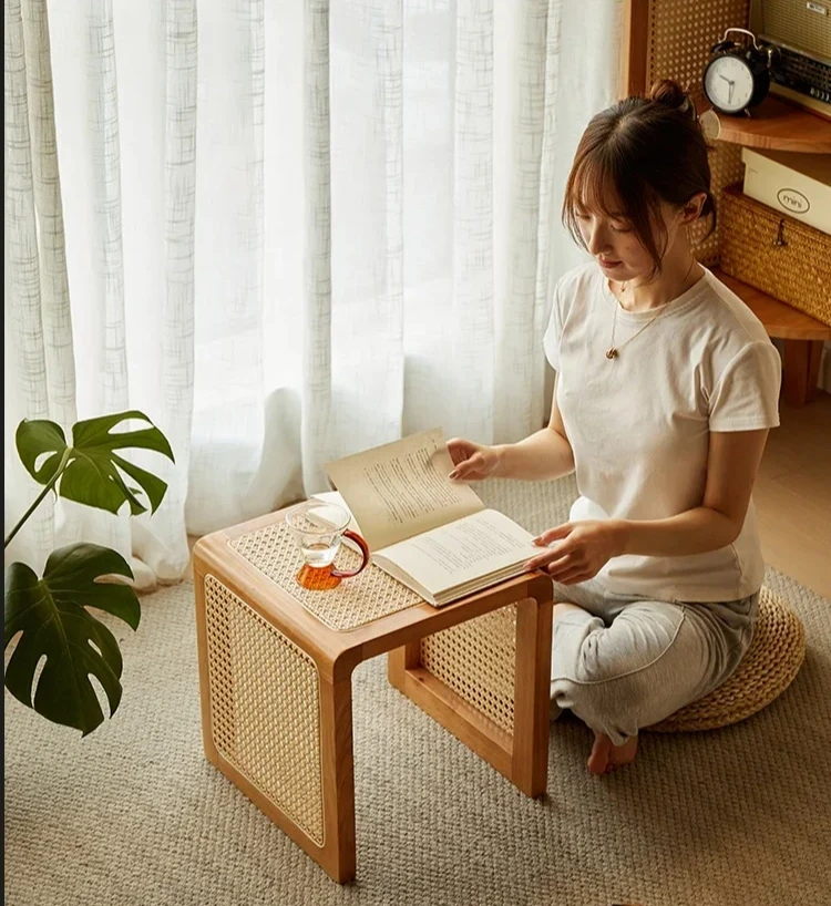 35x35x35cm Coffee Table Books Retro Living Room Side Table Solid Wood Rattan Nightstand Creative Multi-functional Step Stool