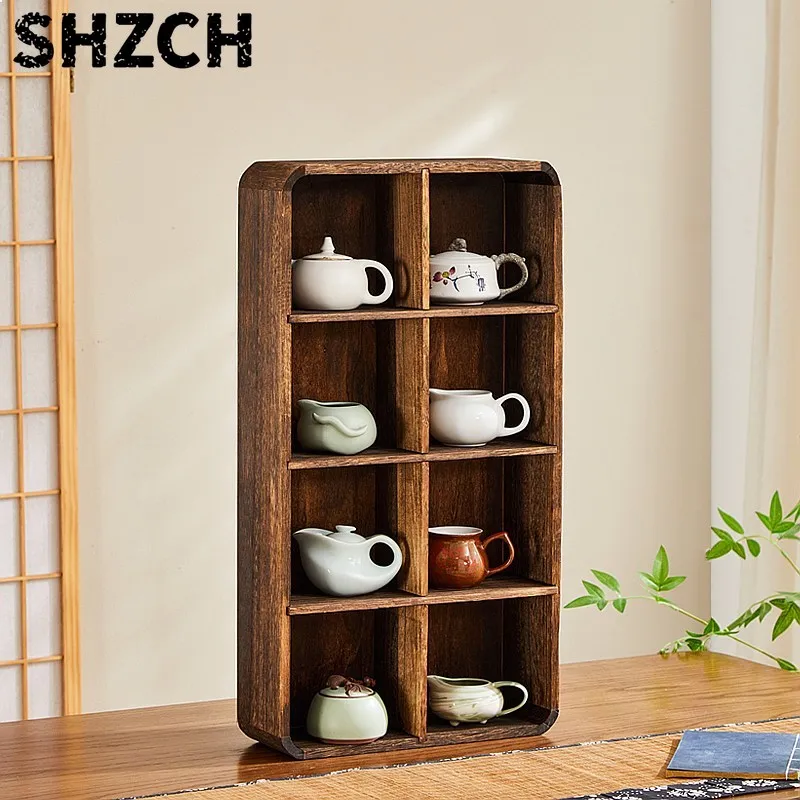 Modern Solid Wood Wall Curio Cabinet Tea Set Organizer Grid Display Shelf for Teapot Cup