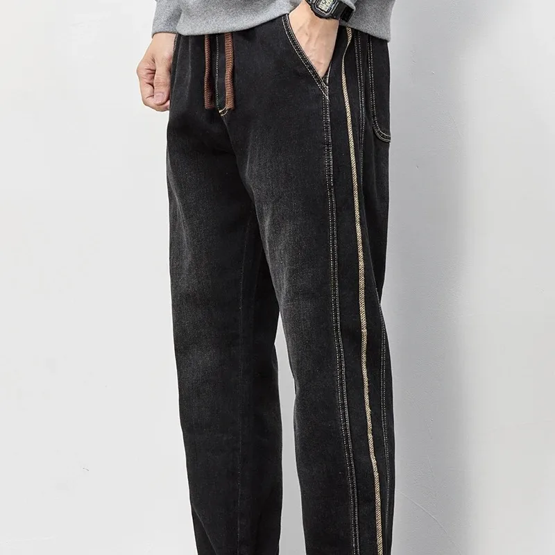 Men's Spring Autumn Elastic High Waisted Striped Solid Drawstring Casual Loose Work Straight Leg Jeans Trousers Fashion Pants
