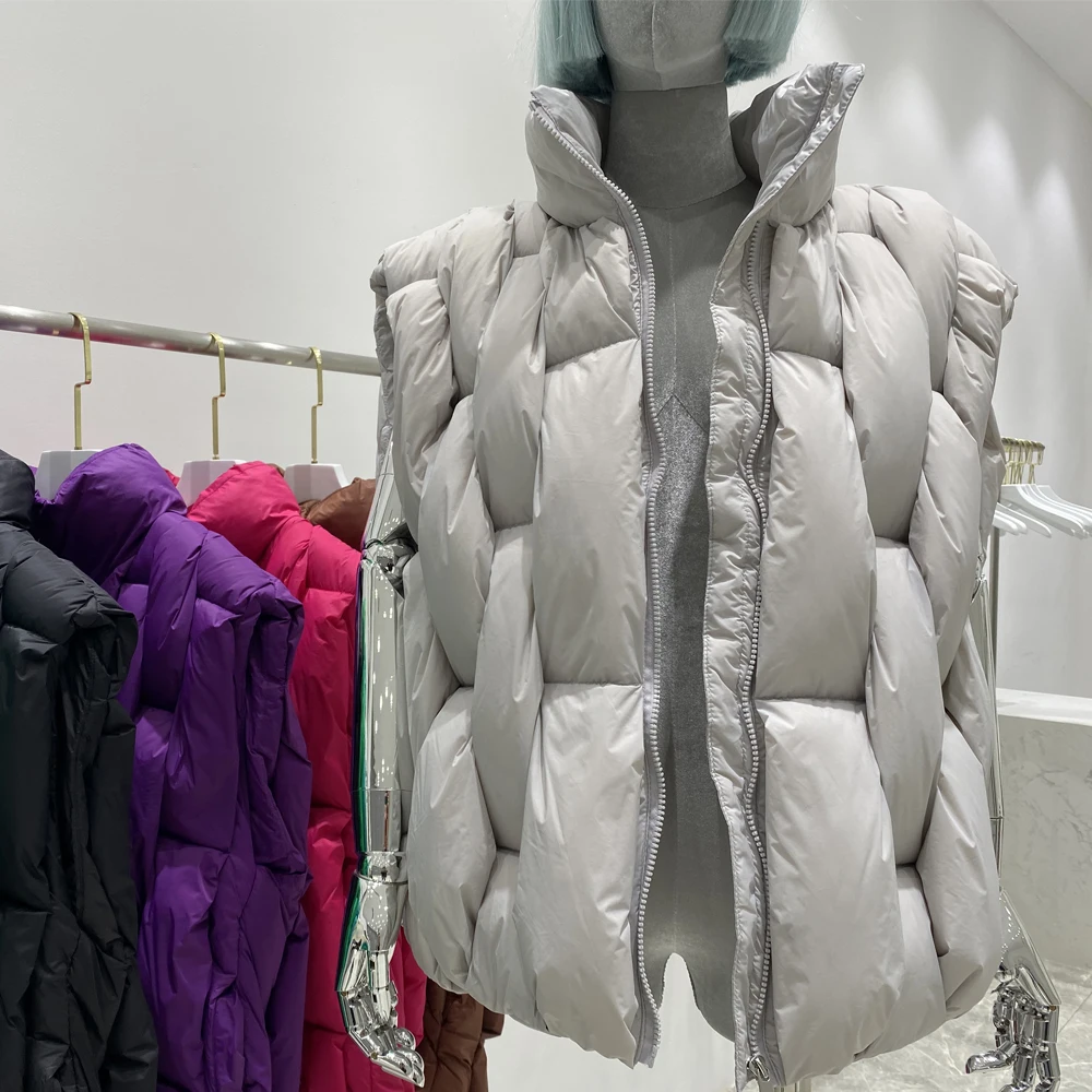 Damen weiße Ente Daunen Winter weste Geometrie solide Damen ärmellose Jacke dicken Herbst Reiß verschluss Persönlichkeit Weste für Männer