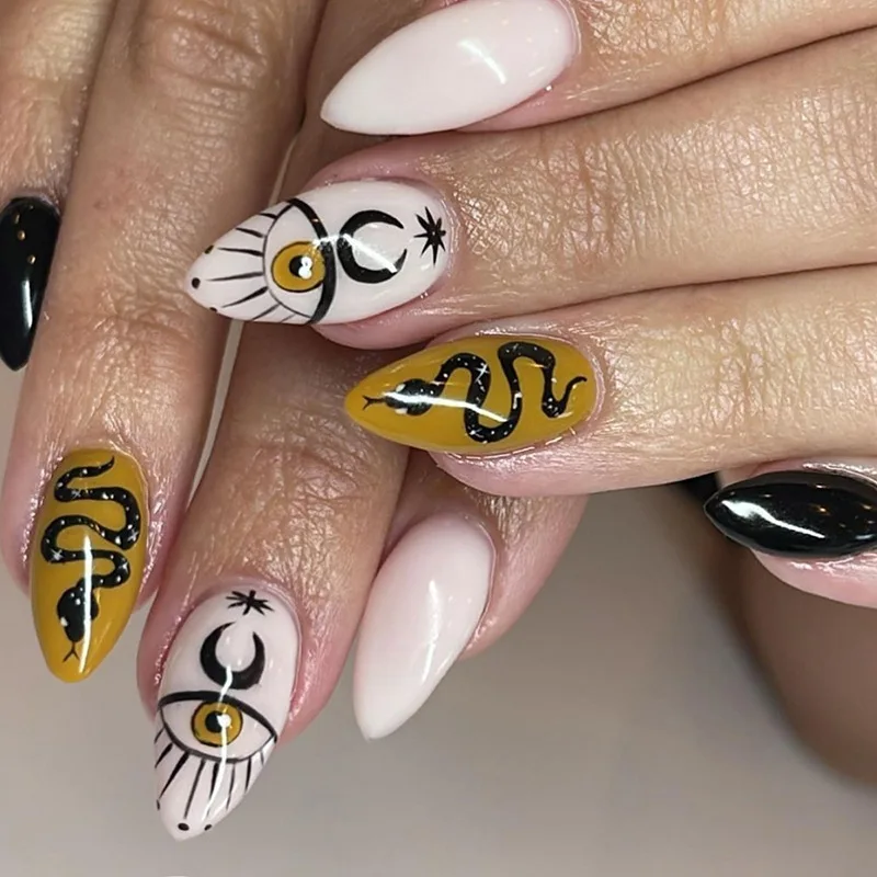 

24pcs Halloween Press-On Nails - Black Snake Skin with Glowing Eyes & Stars Medium Almond Gothic Party Style