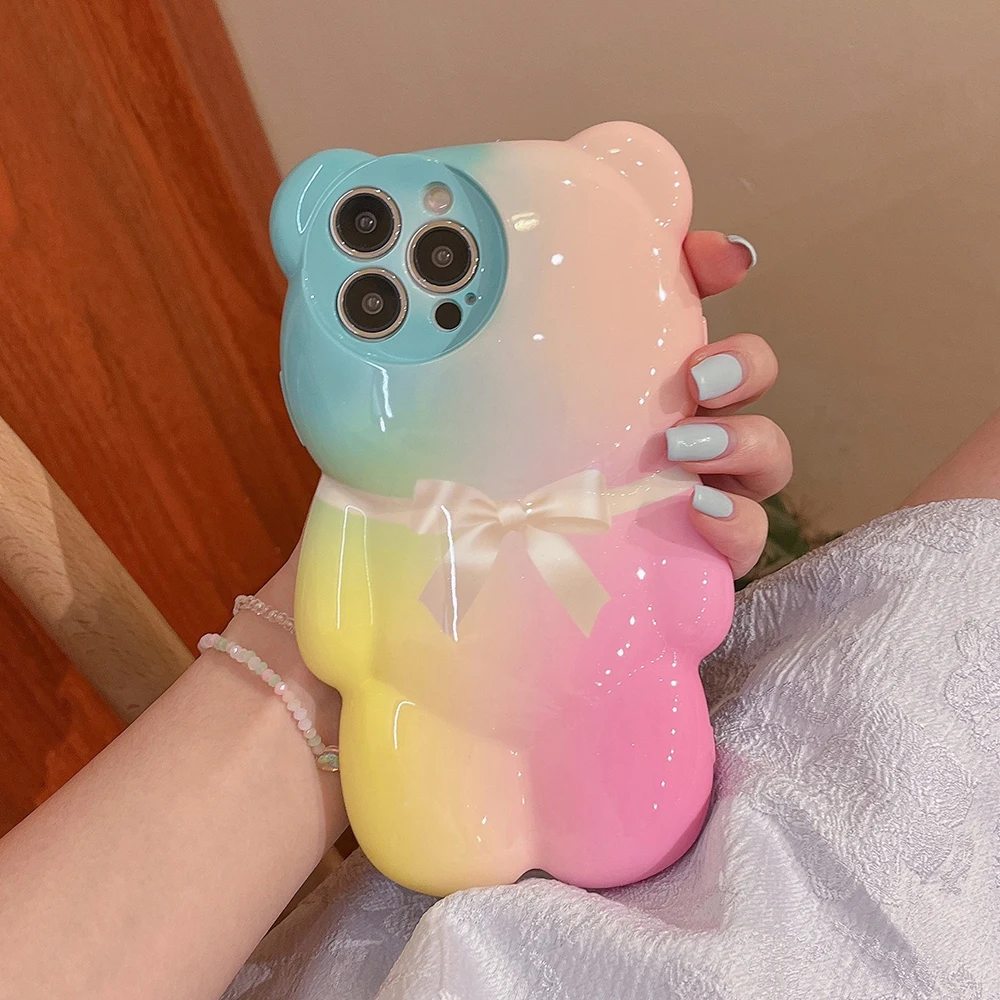 Colorful Bowtie Cute Little Bear shaped phone case for iphone 15 14 Plus 13 12 11 Pro Max XS MAX XR XS X Back Cover