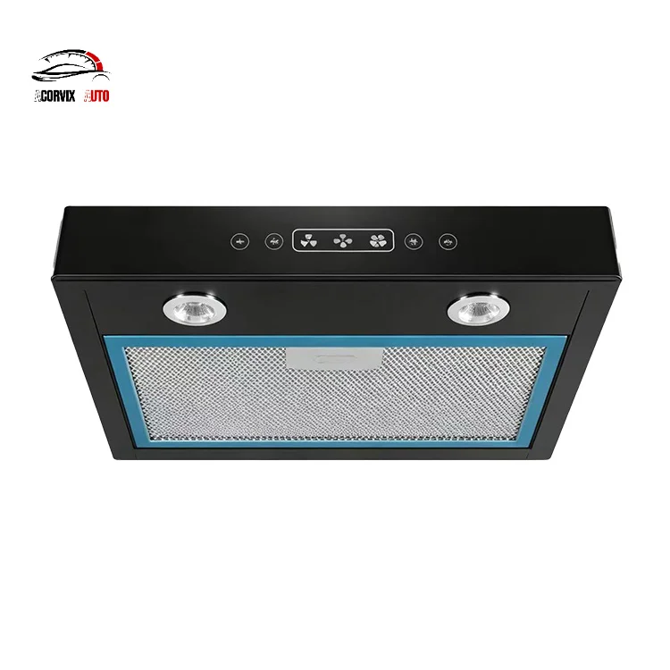 RV Range Hood Low Profile 12V 24V Touch LED Light Stainless Steel Exhaust Vent 387mm for Camper Caravan Motorhome Trailer