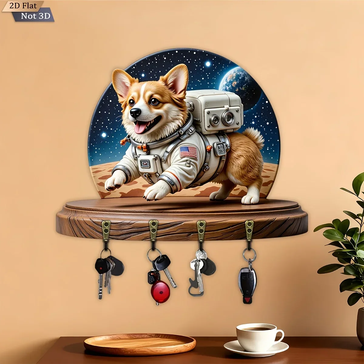 2D Flat, 1pc, Space Corgi Theme Style Key Hook Wooden Multifunctional Home Key Rack, with Four Metal Hooks, Wall Decoration,