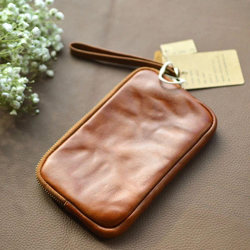 AETOO حقيبة يد جديدة من الجلد المدبوغ بالنباتات بسحاب من جلد البقر محفظة للعملات المعدنية ذات سعة كبيرة حقيبة للبطاقات حقيبة تخزين جلدية حقيبة مفاتيح #4