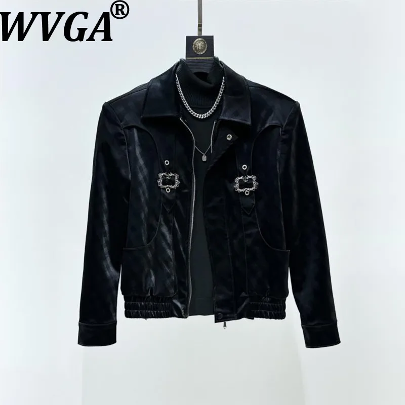 

WVGA Autumn Winter New Men Tide High Street Checkerboard Glossy Trendy Leather Coats Niche Chic Casual Straight Pants Ins W15942