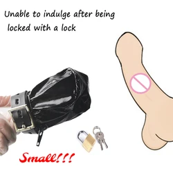 Patent Leather BDSM Male Ball Chastity Bird Cage Belt Penis Sleeve Cock Egg Mini Bag with Lock Adult Bondage Sex Toys for Men