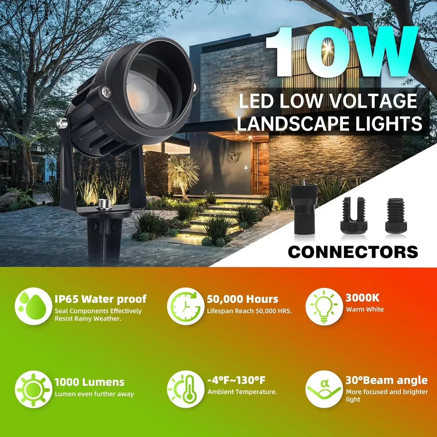 12V Low Voltage LED Landscape Lighting 10W Waterproof Outdoor Spotlight Uplight with Quick Connectors Yard Garden Decor Lights