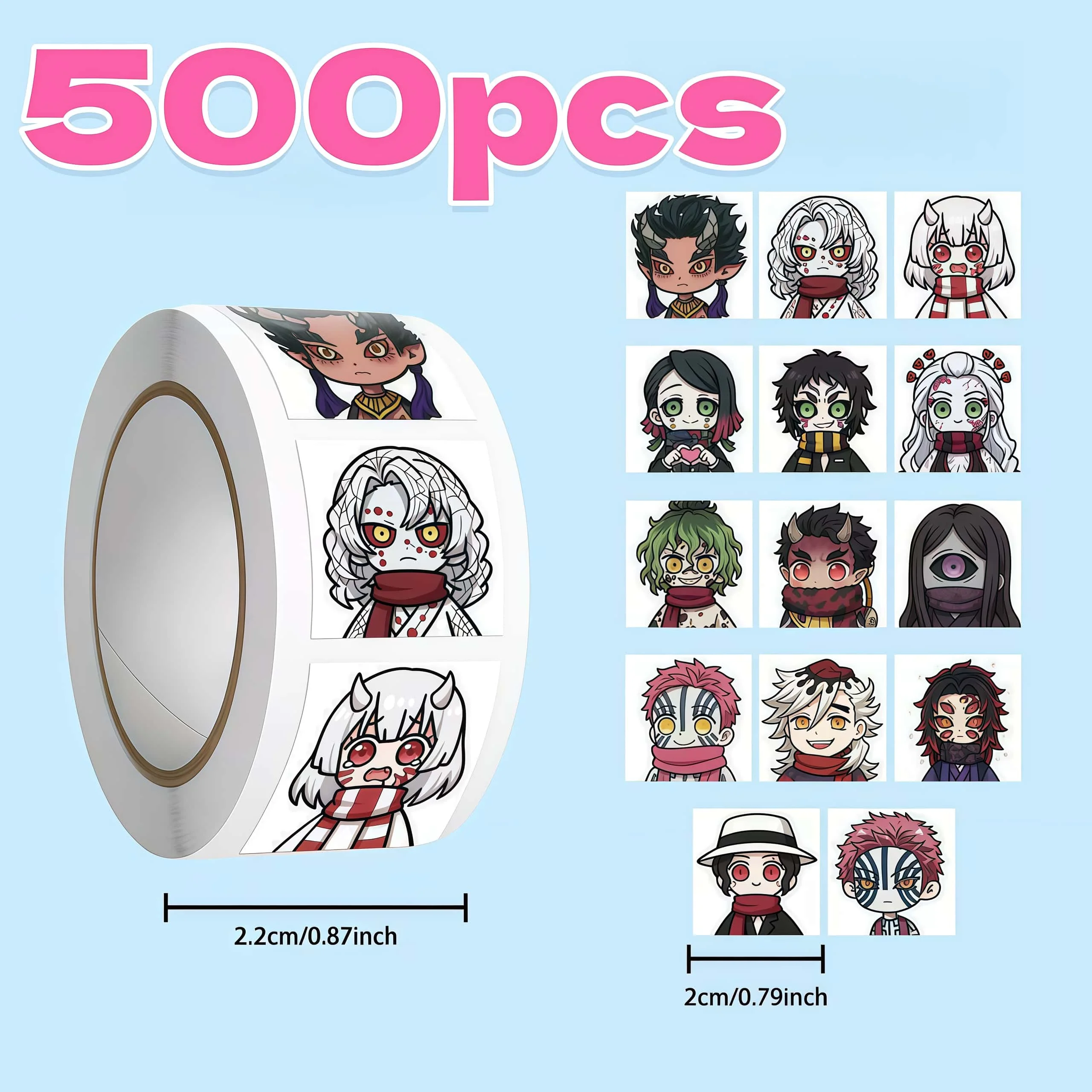 500Pcs Demon Slayer Oni Chibi Sticker Roll, Cool Multi‑Character Demon Anime Decals for Journaling, DIY & Package Decor