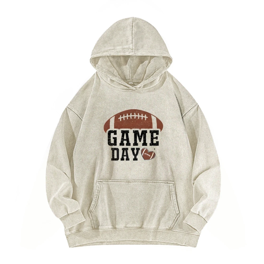 Game Day Rugby Football Casual Washed Hoodie Football Games Lover Sports Fans Unisex Pullovers Vintage Sweatshirt Top Women