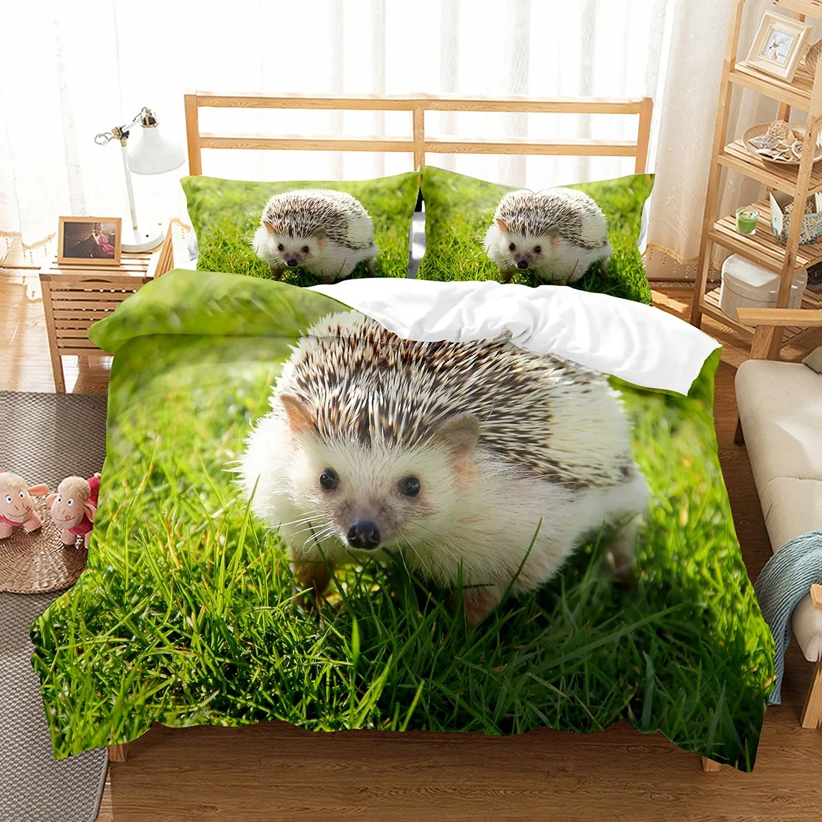 Cute Hedgehog Duvet Cover Set Twin Queen Size Green Leaves Comforter Cover Botanical Jungle Bedding Set for Child Girls Youth