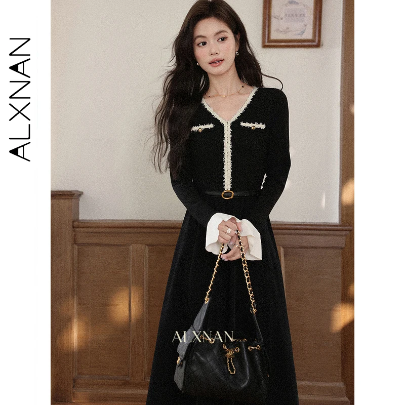 ALXNAN Black V-neck Long Dress Women Color Matching Casual Office Lady Elegant Long Sleeve Dresses 2025 Fall Female Dress L57662